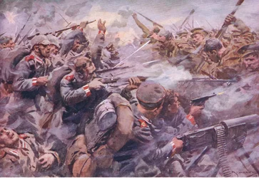 Die Niederlage der preußischen Garde bei Zonnebeke, aus Geschichte des Großen Krieges Band 3 veröffentlicht von Waverley Book Co Limited, ca. 1920