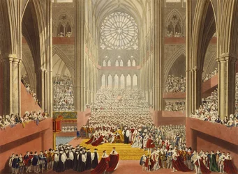 Die Huldigungszeremonie, 19. Juli 1821, aus einem Album zur Feier der Krönung von König Georg IV. (1762-1830), gestochen von William James Bennett (1787-1844), veröffentlicht 1824