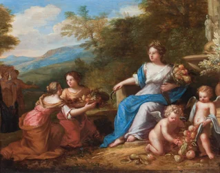 Ceres sitzt mit Putti, die Früchte präsentieren