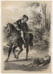 Jacques Amyot (1513-1593), im Alter von 10 Jahren von einem Reisenden gerettet. Gravur von A. Duruy in „Illustrations littéraires de la France; oder, Galerie anecdotique de nos principaux auteurs ints par leurs actions et leurs inscriptions“ von J.B. Maigr