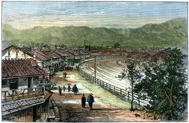 Eisenbahnlinie bei Kobe, Japan, 1891