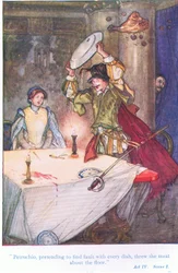 Pettruchio, der vorgab, an jedem Gericht etwas auszusetzen zu haben, warf das Fleisch auf den Boden (Der Widerspenstigen Zähmung), aus Geschichten von Shakespeare, veröffentlicht von Ward Lock & Co Ltd