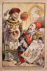 Karikatur, die die Heuchelei und die doppelten Maßstäbe Westeuropas bei seiner Kritik an und seinem Verhalten gegenüber China und dem Osmanischen Reich anprangert