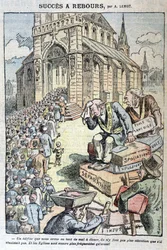 Countdown-Erfolg: Schulen ohne Gott, Raub, Zwangsräumungen, Trennung... „Und die Kirchen sind noch voller als zuvor!“ - Karikatur gegen Antiklerikalismus von Lemot, in „Le Pelerin“ vom 11.04.1909