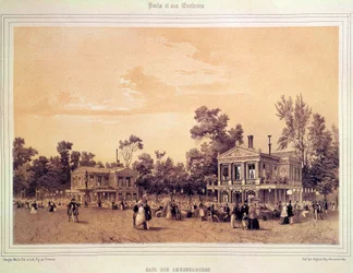Blick auf das Café des Ambassadeurs an den Champs-Élysées in Paris. Lithografie von A. Provost (tätig um 1834-1855), Paris, Musée Carnavalet