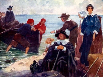 Eine Gruppe Verbannter vertäute ihre Bark an der wilden Küste Neuenglands, 1620, 1905.