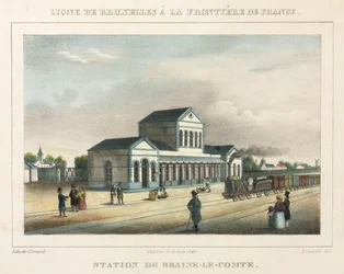 Bahnhof Braine-le-Comte, Belgien, graviert von Gerard, 1843
