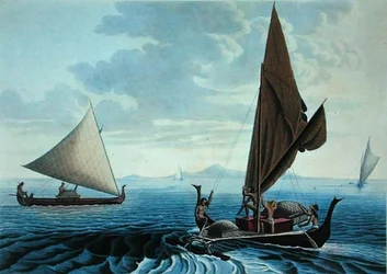 Ansicht der Insel Tinian: Einbaumkanus von den Karolineninseln, aus 