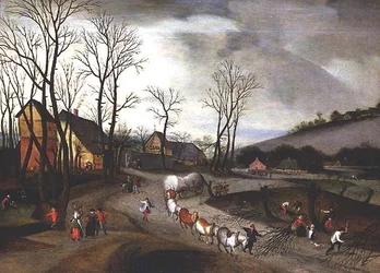 Winterlandschaft mit Bauern beim Kopfweiden schneiden