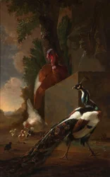 Ein Pfau, Truthahn und Huhn mit ihren Küken neben einem klassischen Brunnen in einer Landschaft