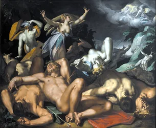 Apollo und Diana bestrafen Niobe, indem sie ihre Kinder töten