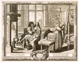 Ehemann mit Frau auf dem Schoß am Kamin, Bosse, Abraham