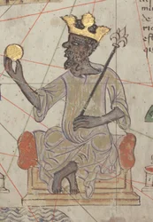 Detail aus dem Katalanischen Atlas, Blatt 6, zeigt Mansa Musa auf dem Thron, 1375