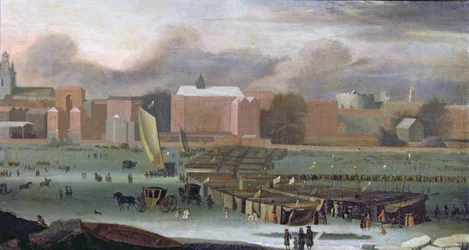 Ein Frostjahrmarkt auf der Themse bei Temple Stairs, ca. 1684