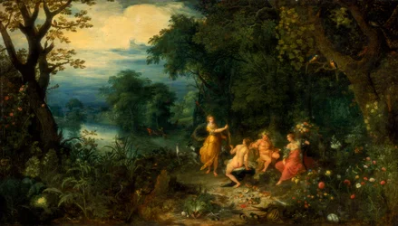 Eine Landschaft mit Wald, Diana bietet einer Nymphe einen Hasen an, Silenus und Ceres im Vordergrund, ca. 1614
