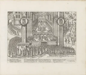 Ansicht des Äußeren der Westminster Abbey während der Krönung von James I.