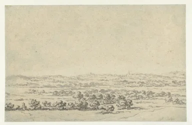 Flusslandschaft mit einem Turm in der Ferne