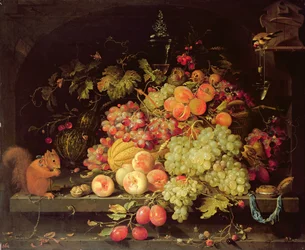 Stillleben mit Früchten, Eichhörnchen und Stieglitz