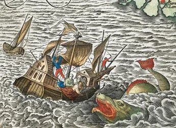 Ein Schiff wird von einem Seeungeheuer angegriffen aus Typus orbis terrarum, von Abraham Ortelius