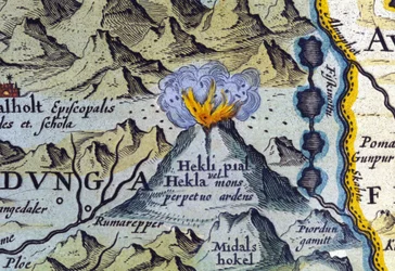 Hekla-Vulkan in Island. Atlas von Abraham Ortelius, Amsterdam 1588.