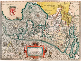 Hollandiae antiquorum catthorum sedis nova descriptio, auctore lacobo a daventria Geographische Karte des Gebiets der Niederlande mit den Städten Amsterdam und Haarlem... aus „Theatrum Orbis Terrarum“ von Abraham Ortelius (Oertel, Ortell oder Orte