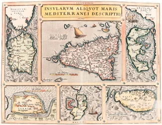 Insularum Aliquot Maris Mediterranei Descriptio. Geographische Karte der Mittelmeerinseln Sizilien, Sardinien, Korfu, Malta, Djerba und Elba aus „Theatrum Orbis Terrarum“ von Abraham Ortelius