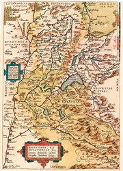 Sabaudia et Burgundiae Comitus description Geographische Karte des Territoriums von Burgund und Savoyen (Pontarlier, Dijon, Lac Leman und Schweiz) aus „Theatrum Orbis Terrarum“ von Abraham Ortelius (Oertel, Ortell oder Ortel)