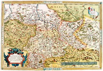 Saxoniae, Misniae, Thuringiae, Nova Accurssimaque Descriptio. Geographische Karte des Territoriums von Sachsen, Thüringen in Deutschland aus „Theatrum Orbis Terrarum“ von Abraham Ortelius