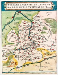 Wirtenbergensis Ducatus Vera descriptio, Tubingae edita 1558 Geographische Karte des Gebiets von Baden-Württemberg (Baden Württemberg) aus „Theatrum Orbis Terrarum“ von Abraham Ortelius (Oertel, Ortell oder Ortel)