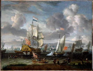 Eine englische Jacht salutiert ein niederländisches Kriegsschiff im Hafen von Rotterdam