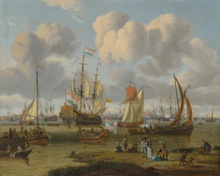 Schiffe vor Amsterdam mit Figuren auf einem Kai