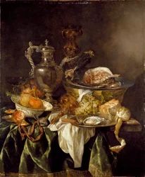 Stillleben mit einem silbernen Weinkrug und einem reflektierten Porträt des Künstlers