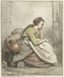 Sitzende Frau mit einem Kupferkessel