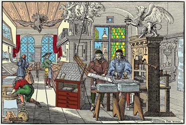 Innenansicht einer Druckerei in Nürnberg, Deutschland: Arbeiter bei der Arbeit, Anfang des 17. Jahrhunderts - graviert von Abraham van Werdt
