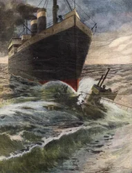 Ein deutscher Transatlantik rammt und zerstört ein U-Boot der englischen Flotte vor der Küste von Dover - Illustration von Beltrame - „La Domenica del Corriere“ Oktober 1912