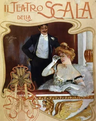 Ein Paar in einer Umkleidekabine im Teatro alla Scala. Die junge Frau beobachtet die Szene mit einem Fernglas. Illustration von Achille Beltrame