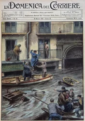 Ein Zyklon entlud eine riesige Wassermenge über Palermo, überschwemmte Plätze, Straßen und zwang die Menschen, ihre Häuser zu verlassen und Zuflucht in Booten zu suchen. Diese Überschwemmungen führten zu mehreren Opfern - Zeichnung von A. Beltrame in „la D