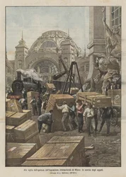 Am Vorabend der Eröffnung der internationalen Ausstellung in Mailand, das Entladen der Gegenstände