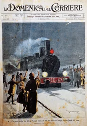 Ankunft des neuen Jahrhunderts, Menschen begrüßen das neue Jahrhundert mit Freude, Illustration von Achille Beltrame (1871-1945), aus La Domenica del Corriere, 6. Januar