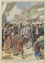 Ankunft der ersten verwundeten Soldaten, die an der Schlacht von Ya-lu am 1. Mai teilnahmen, in Tokio