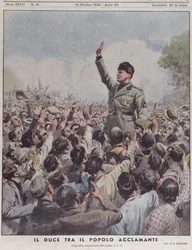 Benito Mussolini (1883-1945), vom Volk bejubelt, aus „La Domenica del Corriere“, 14. Oktober 1934