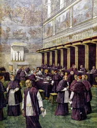 Konklave in der Sixtinischen Kapelle zur Wahl des neuen Papstes. Illustration von Beltrame. La Domenica del Corriere. 1903