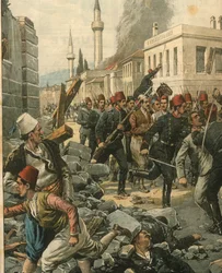 Titelillustration der Bulgaren, die Thessaloniki überfallen und seine Bevölkerung erschrecken