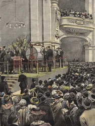 Ziehung der Mailänder Lotterie im Jahr 1907. Illustration von Achille Beltrame.