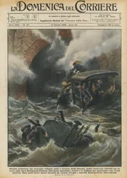 Während der Überschwemmung, die Dörfer, Brücken und Eisenbahnen in der Basilikata verwüstete, zwölf Eisenbahner