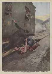 Verborgene Heldentaten, Eisenbahnbremser hält eine Reisende, die sich in einem fahrenden Zug verfangen hat, in der Schwebe und rettet sie