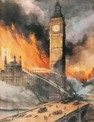 Brand im Westminster Palace in London nach einem deutschen Bombenangriff, Illustration aus „The Sunday Courier“