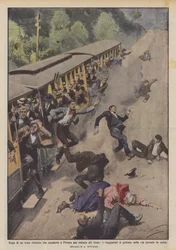 Flucht einer Straßenbahn, die nach Florenz hinunterfuhr, wegen Bremsversagens, die Passagiere springen ab
