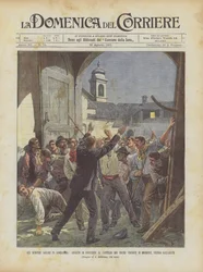 Die landwirtschaftlichen Streiks in der Lombardei, Angriff der Bauern auf das Schloss der Herzöge Visconti di Modrone bei Gallarate