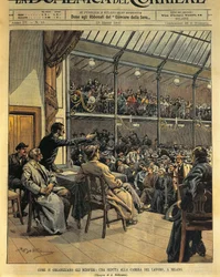 Wie man Streiks organisiert, Sitzung der Arbeiterkammer in Mailand (Illustration)
